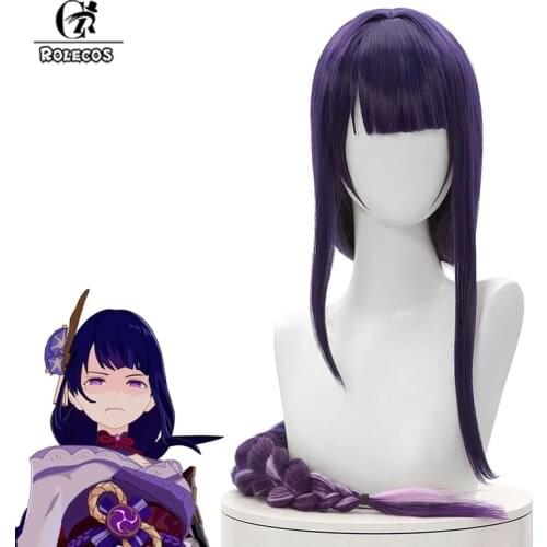ROLECOS Game Genshin Impact Raiden Shogun Cosplay Wig Baal Wig Long Mixed Color Braids Headwear Heat Resistant Synthetic Hair