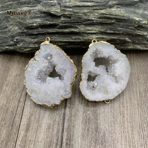 Gold-Plated Freeform AB Titanium Natural White Crystal Quartz Geode Necklace Pendant For DIY Jewelry Making MY210659
