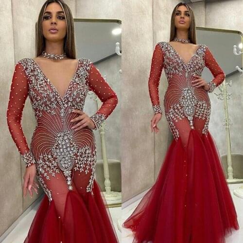 Sexy Red Evening Dresses Deep V Neck Crystal Beads Long Sleeves Mermaid Prom Dress Sweep Train Custom Made Robes De Soirée