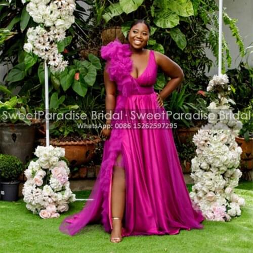 Sexy Plunging Neck A Line Evening Dresses Fuchsia Tulle Ruffles Side Split Sleeveless Long Women Red Carpet Dress Party Gown
