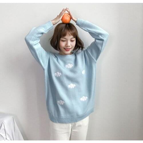 Womens Sweatshirts Casual Knit Sweater Adults Cute Cloud Pattern Long Sleeve Round Neck Warm Pullover Streetwear Y2k