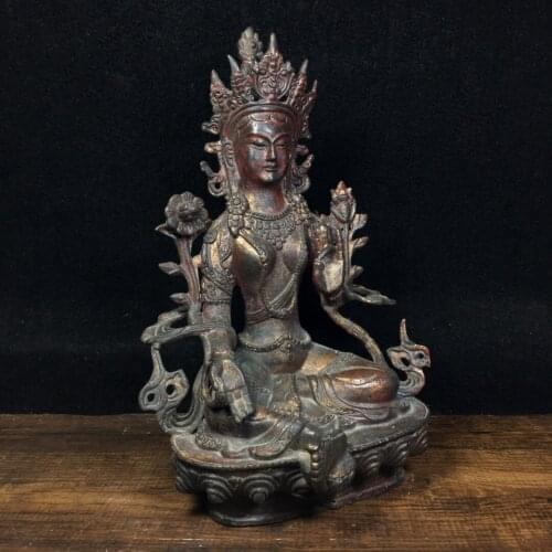 9"Tibet temple Old Bronze Lacquer Cinnabar Bodhisattva Tara(Green) Save eight difficult mothers Sitting Buddha Enshrine