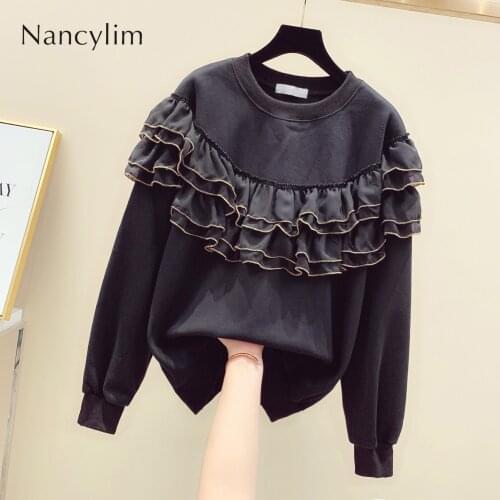 Pull Woman New Long Sleeve Lotus Leaf Stitching Hoodies Girl Students Loose Sweatshirt 2019 Autumn Winter Pullovers Coat