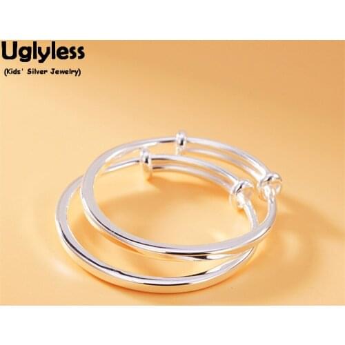 Uglyless 1Pair Real Silver Geometric Square Bangles for New Born Babies 99.9% Fine Silver Push-pull Blank Bracelets Kids Gifts