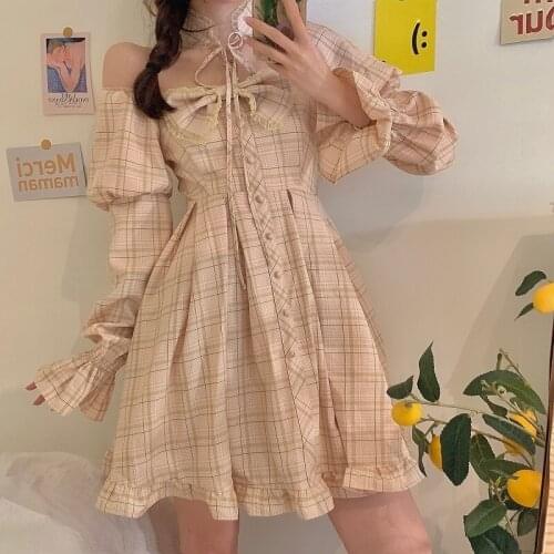 Japanese Women Victorian Gothic Lolita Dress Soft Sister Vintage Square Collar Puff Sleeve Slim Dress Girls Bow Plaid Dresses