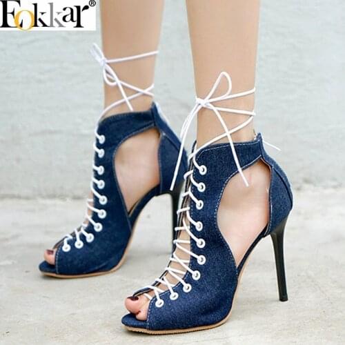 Eokkar 2019 Denim Thin High Heel Women Pumps Sexy Lace Up Flip Flops Open Toe Sandals Ankle Zipper Ladies Sandals Big Size 34-45