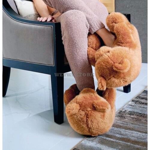Women Teddy Bear Plush Slippers Cartoon Cute Bear House Slipper Winter Warm Furry Faux Fur Slides Winter Warm House Shoes