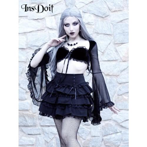 InsDoit Mall Gothic Lace Up Sexy Corset T Shirt Y2K Velvet Ruffle Aesthetic Black Flare Sleeve Tops Mesh Punk Harajuku Crop Tops