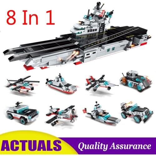 8 In 1 Carrier Warship Enlighten Military Army Combat Building Block Destroyer Fit Aircraft Model Bricks Toy