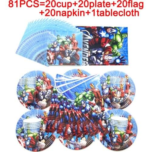 Baby Avenger Party Supplies Kids Birthday Disposable Cup Plates Tablecloth Tableware Set 81pcs Super Hero Party Decorations Flag