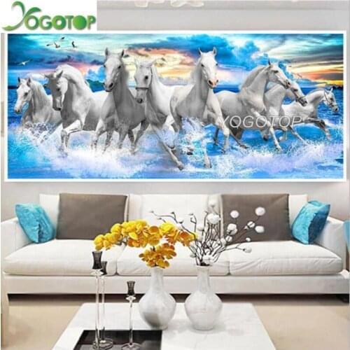 5D diy diamond painting white horse large size mural cross stitch embroidery mosaic full drill decor eight horse Decor YY3391