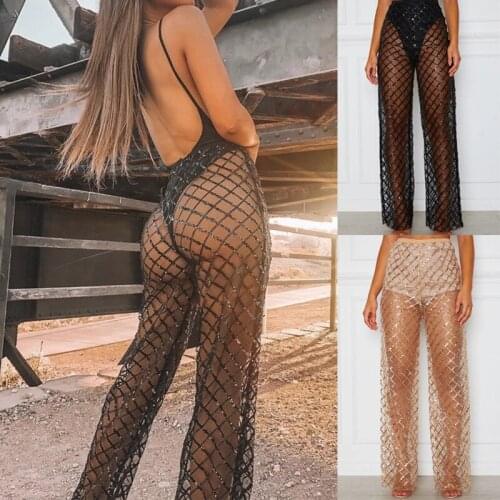 New Mesh Woman Pants Trendy Sunscreen Wide Leg Pants Casual High Waist Perspective Hollow Out Pants Lady Charming Clubwear
