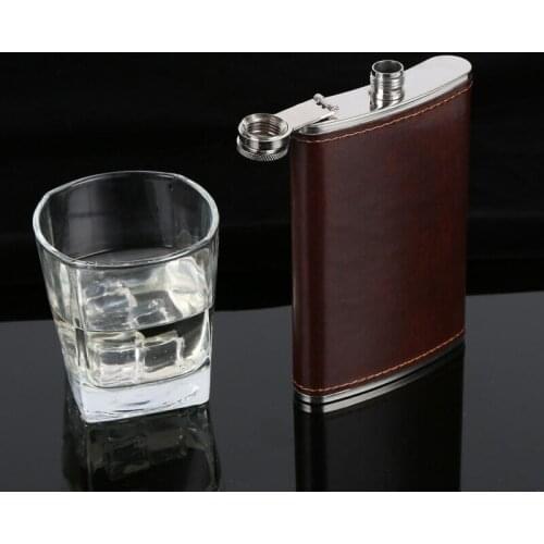 5-10oz Portable Stainless Steel Hip Flask Flagon Whiskey Wine Pot Leather Cover Bottle + Funnel Travel Tour Drinkware Wine Cup