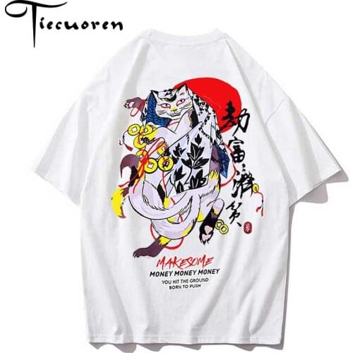 Hip Hop T Shirts Ukiyo Cat Men half sleeve T-shirts Harajuku Streetwear tshirts Cotton Summer Top Tees drop shipping man clothes
