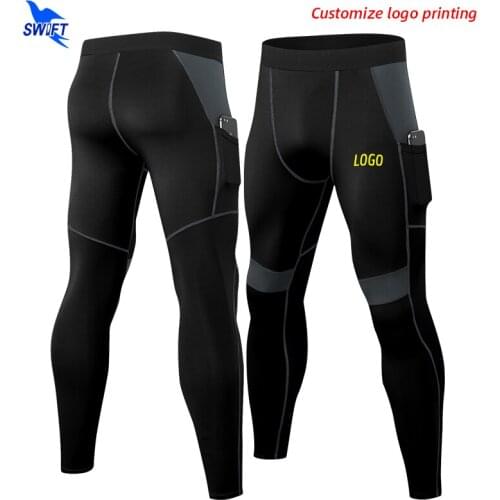 Customize LOGO Mens Compression Pocket Running Tights Sportswear Pants Gym Fitness Training Leggings Jogging Elastic Trousers