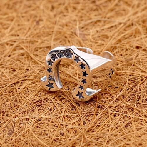 100%S925 sterling silver jewelry European and American punk fashion pentagon ring personality male horseshoe print ring