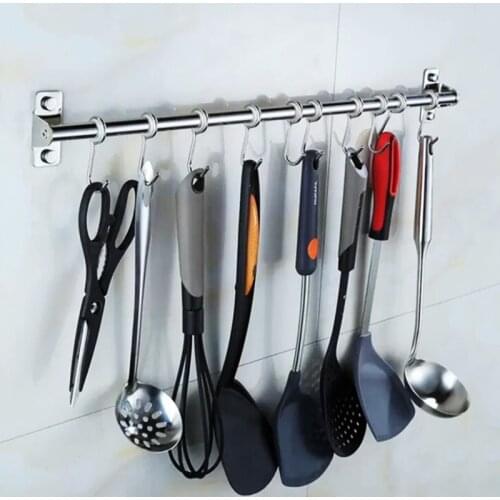Wall Mounted Utensil Rack Stainless Steel Hanging Kitchen Rail with 6/8/10 Hooks