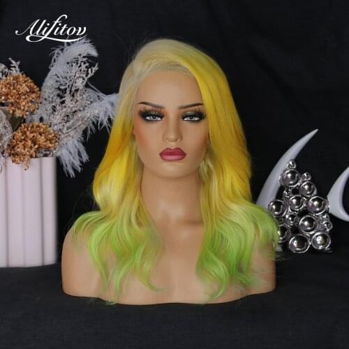 ALIFITOV Ombre Yellow Green Human Hair Wig Wavy Lace Front Wigs Preplucked Transparent Wigs For Women