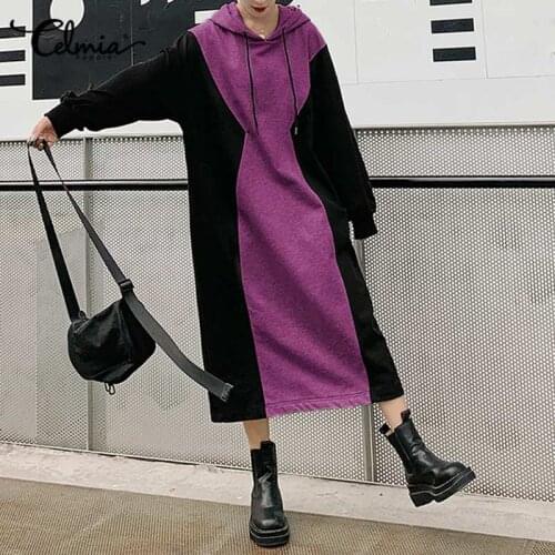 Celmia Fashion Women Sweatshirt Dress Autumn Winter Long Sleeve Color Patchwork Kaftan Hoodies Dress Casual Loose Midi Robe 5XL