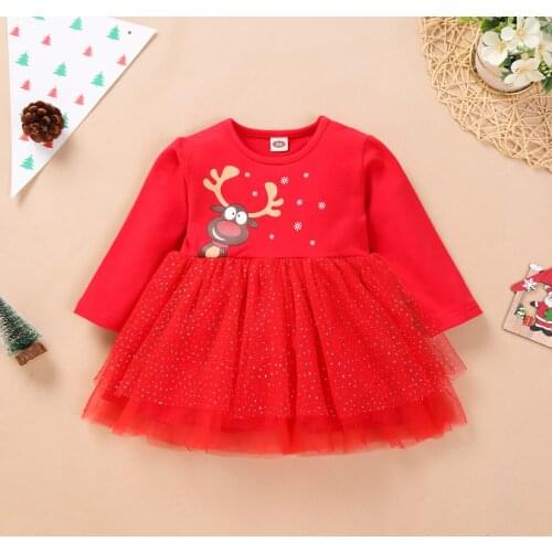 Pudcoco Toddler Baby Girl Clothes Long-sleeved Mesh Yarn Dress Fashion Christmas Reindeer Round Neck Children Princess Dress