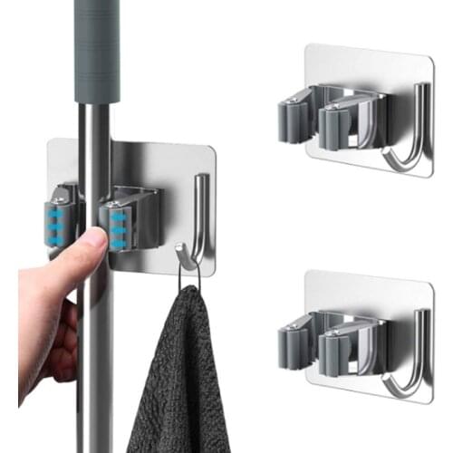 Stainless Steel Mop Hook Punch-free Bathroom Storage Rack Clip Strong Load-bearing Wall Viscose Wall Hanging Clip Home Decore