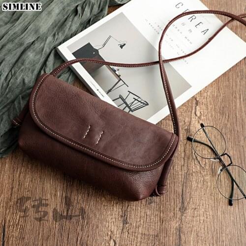 SIMLNE Genuine Leather Messenger Bag For Women Vintage Handmade 100% Cowhide Small Mini Handbag Shoulder Crossbody Bags Female