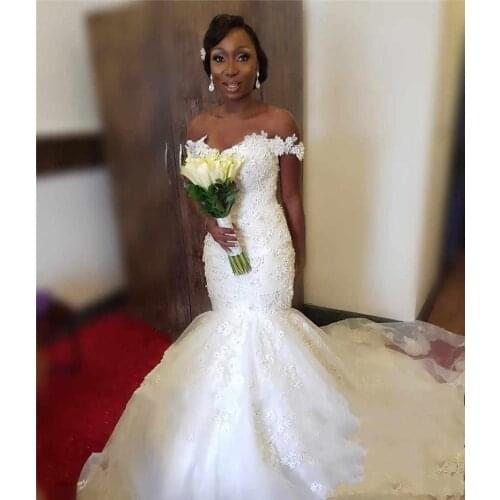 Nigeria mermaid wedding dresses vintage country garden Lace Off Shoulder bridal gown tight fishtail beaded bohemian wedding dres