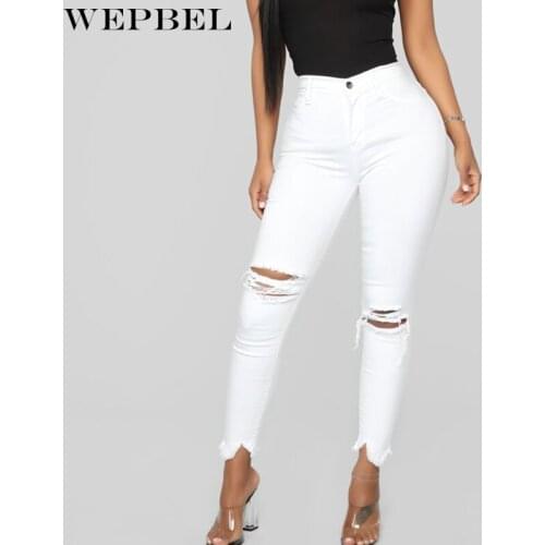 WEPBEL Sexy Big Holes Ripped Jeans Tassels Skinny Mid Waisted Pencil Pants Women Trousers Black White Plus Size