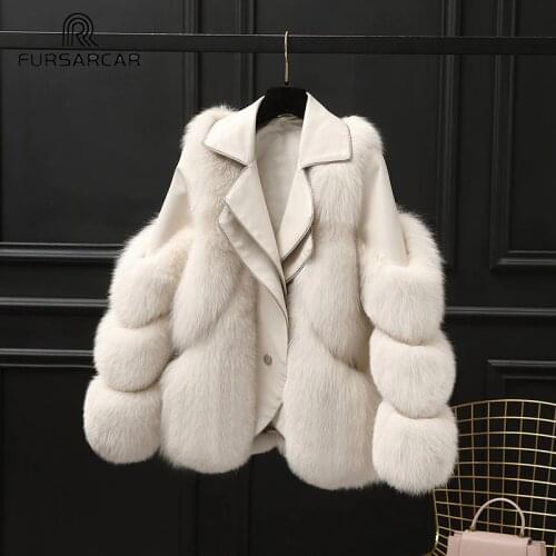 FURSARCAR Real Fox Fur Genuine Sheepskin Leather Jackets Women Natural Fox Fur Coat Fashion Motorcycle Winter Street Outwear