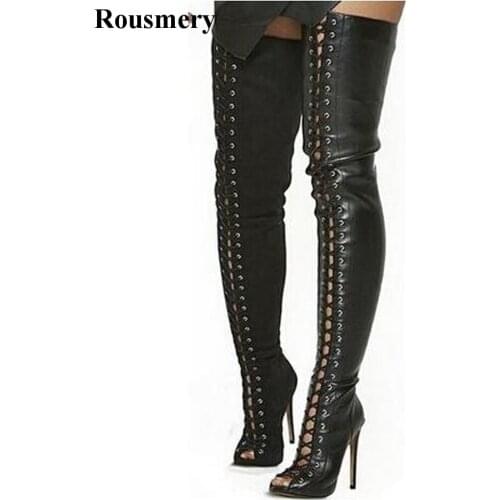 Women New Fashion Open Toe Black Leather Lace-up Over Knee Gladiator Boots Cut-out Thin High Heel Long Boots Dress Shoes