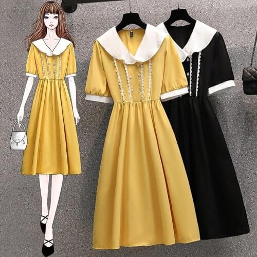 EHQAXIN Plus Size Womens Sweet Pleated Dresses Summer 2021 Cute Peter Pan Collar Puff Sleeve Lacing Collect Waist A-Line Dress