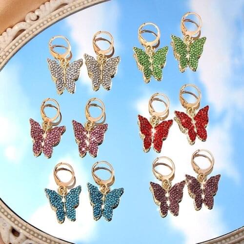 JUST FEEL Bling Crystal Gold Silver Color Metal Butterfly Drop Earrings For Women Korean Multicolor Crystal Earring Jewelry Gift