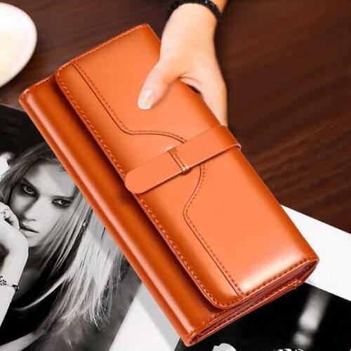 Ladies Button True Leather Wallet Womens Long Banknote Clip Zipper Multi-Card Cowskin Lady Wallet