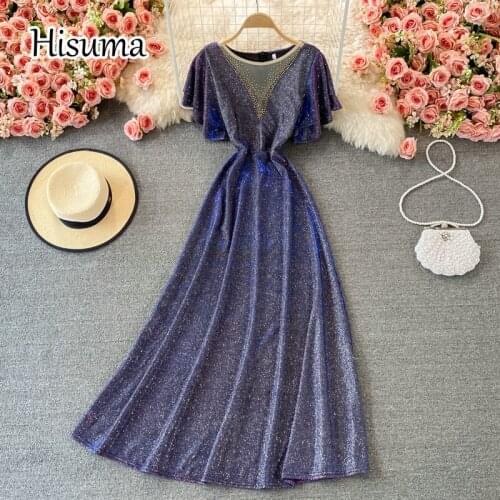 2021 autumn new women o-neck beading bling bright silk with mesh A-line dress female Chic elegant waist shiny party dresses