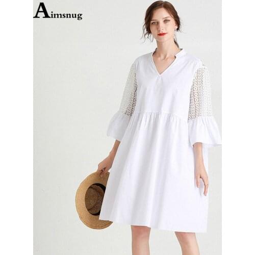 2021 Summer Ladies Elegant V-neck Knee-Length Dress Patchwork Lace Party Dresses Plus size 4XL Women Three Quarter Sleeve Dress