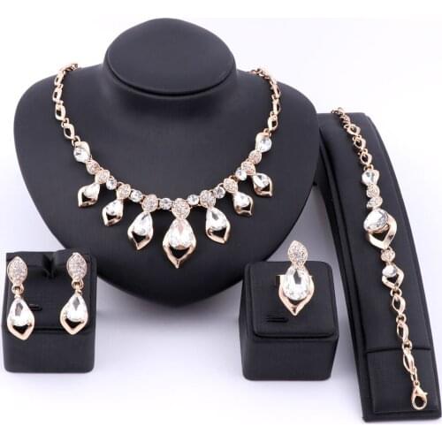 Wedding Dress Costume Women Party Gold Color African Beads Jewelry Sets Crystal Clear Gem Necklace Bracelet Earrings Ring