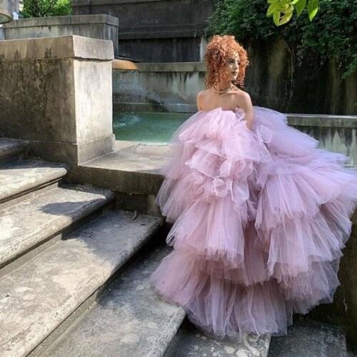 Sweet Rose Pink Puffy Tulle Women Dresses To Photoshoots Off The Shoulder Tutu Ruffles Tiered Long Prom Gowns