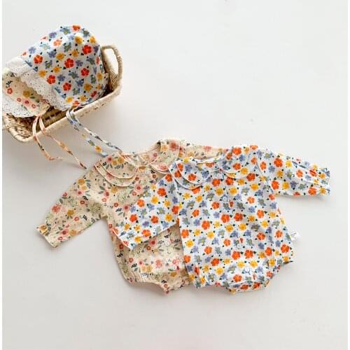 2021 0-12M Infant Baby Girls Fall Playsuit 2pcs Sweet Layered Collar Long Sleeves Button Down Floral Print Romper with Hat Set