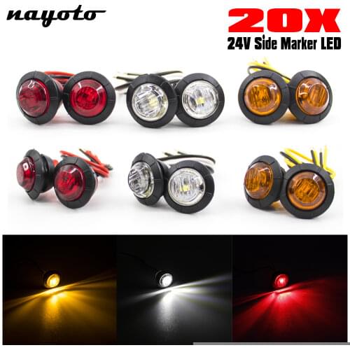 20pcs Amber/White/Red 24V Round 3 LED 3/4" Sealed Light Side Marker Turn Signal Indicators Lamp Truck Trailer Tractors Lorry