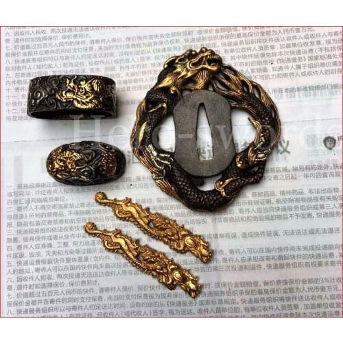 Japanese Samurai Katana Sword Accessories ---- Copper Tsuba Fuchi Kashira Menuki Dragon Theme Metal Fittings