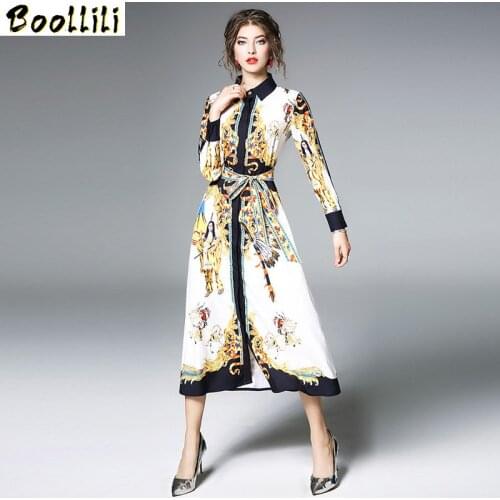 Boollili Women Long Dress 2020 Spring Vintage Printing Shirt Dresses Elegant Maxi Dress Female vestidos Womens Clothing