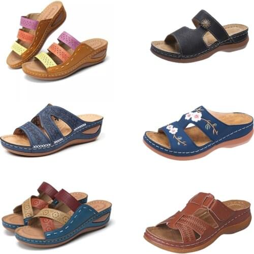 Summer Women Wedge Sandals Premium Orthopedic Open Toe Slippers Vintage Anti-Slip Leather Casual Female Platform Retro Shoes