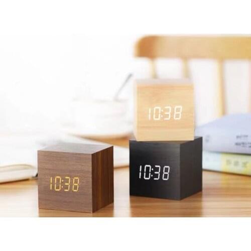 Retro LED Wooden Alarm Clock Desktop Table Decor Voice Control Powered Electronic Desktop Clocks Temperature Display Home Decor