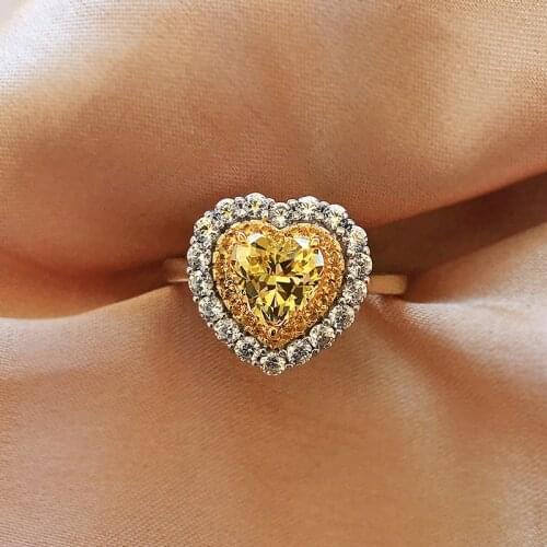 100% 925 Sterling Silver 7*7MM Heart Desgin Created Citrine Gemstone Rings For Women Wedding Bands Engagement Jewelry