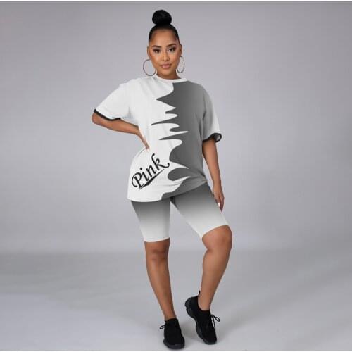 Pink Letter Loose Sports Sets Women Short Sleeve Long T-shirt Sheath Elastic Shorts Two Piece Set Female Casual Fitness