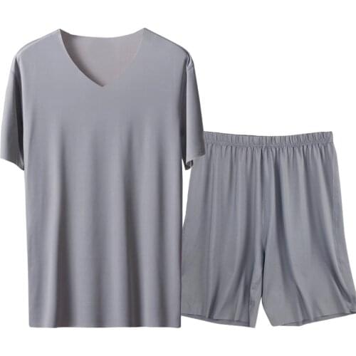 Ice Silk Men Solid Pajamas Set Short Sleeve Summer Sleepwear Homewear Plus Size 3XL 4XL Male Pijama Pyjamas Suit Loose Nightwear