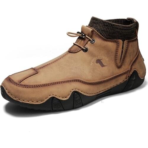 Men Fashion Ankle Boots Waterproof Sneakers High Top Casual Shoes Men Handmade Autumn Outdoor Boots Khaki Non-Slip Flats Slipon