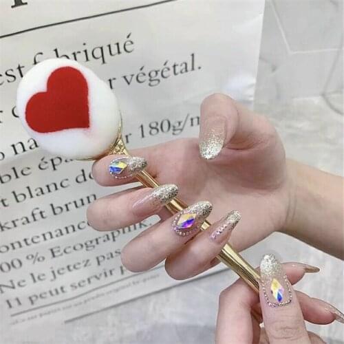 New shining golden pure color with colorful rhombus diamond 3d decorated fake nails lady full nail tips bride false nails french