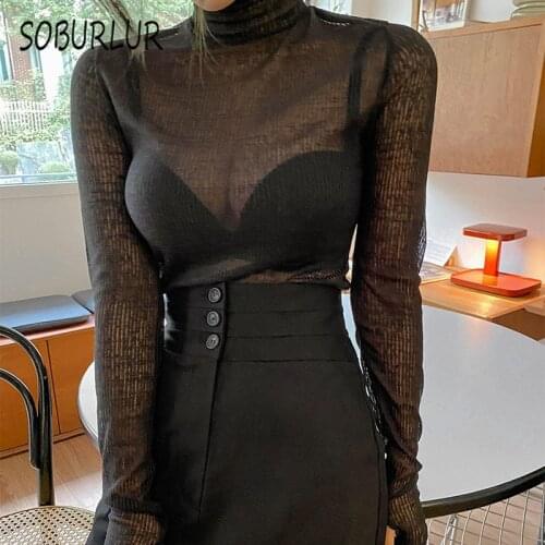 SOBURLUR Sexy Tunics Micro-penetration Harajuku Womens T-Shirts Female Turtleneck Casual High-Streetwear Crop Top Woman Clothes