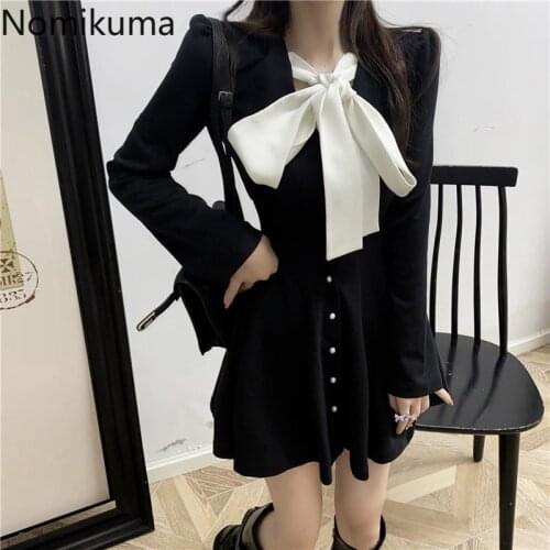 Nomikuma Korean Style Bow Knot Long Sleeve Dress Women Contrast Color Single Breasted Slim Waist Mini Dresses New Vestidos Mujer